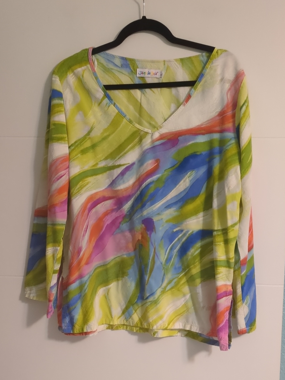 Jams World Vtg Multicolor V-Neck Watercolor Print Tunic Top Beach Resort Wear L